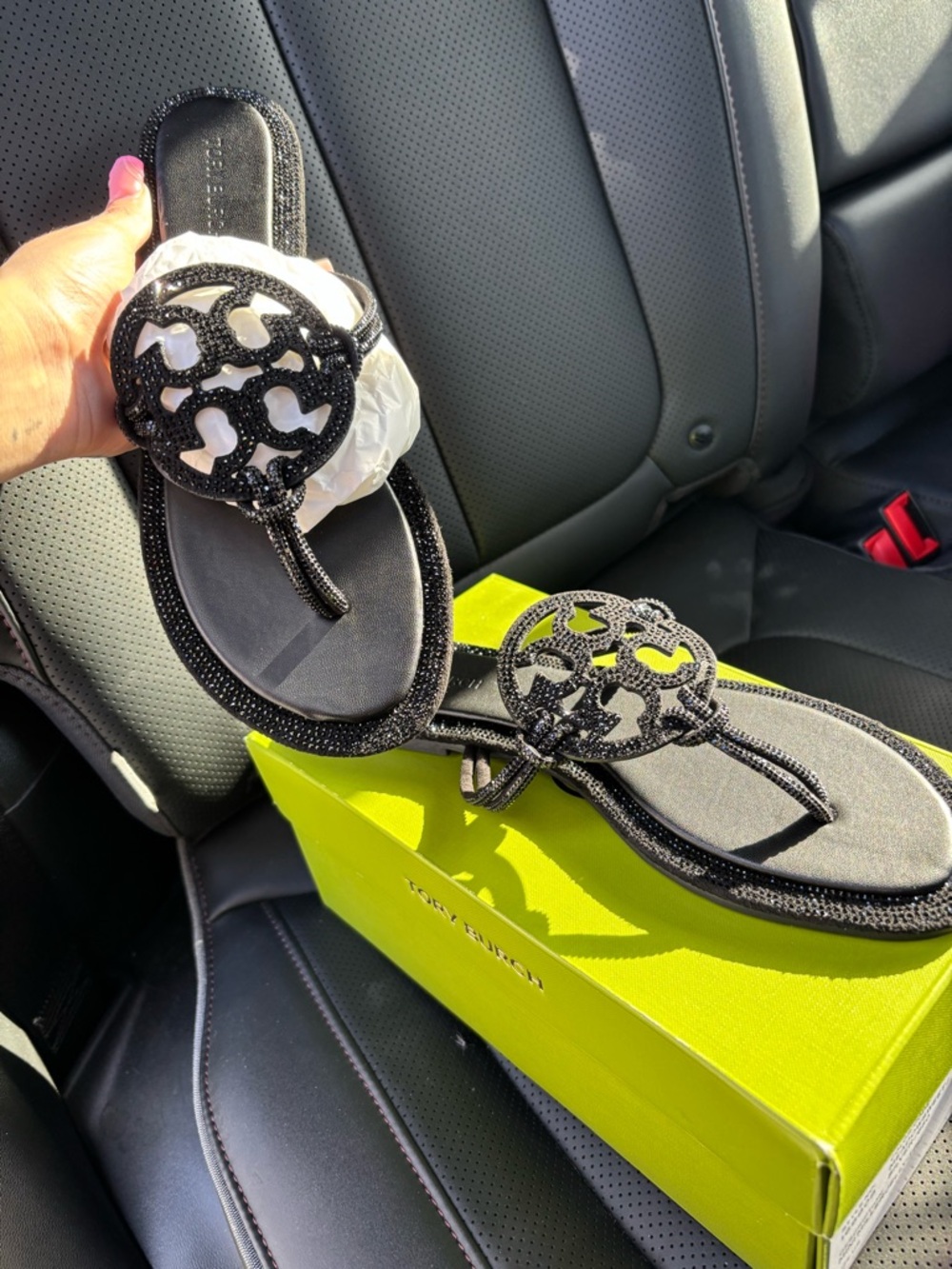 Tory Burch Black Glitter Miller Logo Thong Sandals